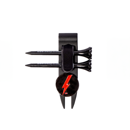The Byrd, LLC’s THE BYRD GOLF DIVOT CLYP is a sleek black accessory for organizing two golf tees and a divot tool, featuring a bold round button with a red lightning bolt design on the front. Displayed on a white background.