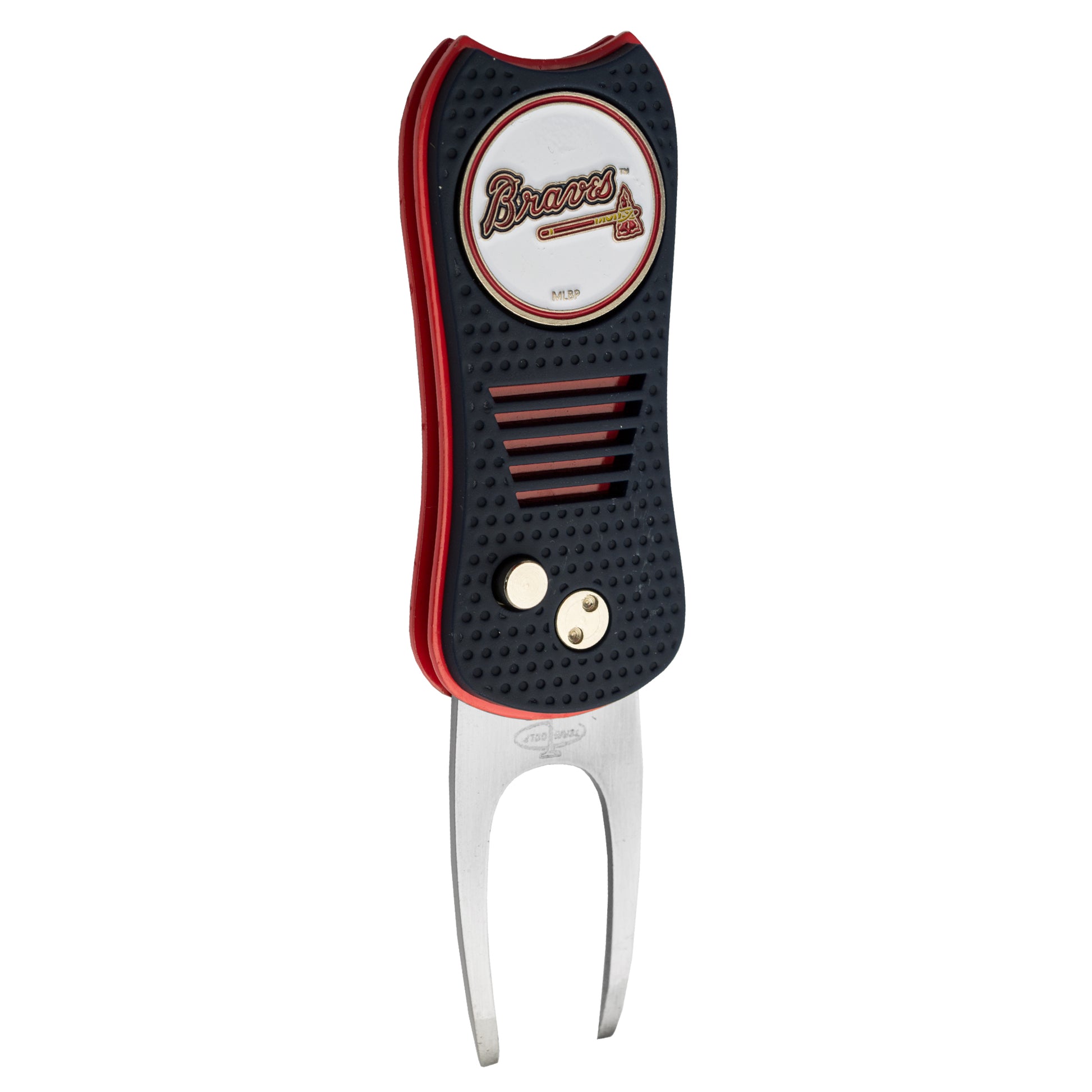 The MLB Switchfix Divot Tool with Ball Marker by MLB features a black and red design, the Atlanta Braves logo on a white circle at the top, two metal prongs at the base, and includes a magnetic ball marker for convenience.