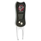 The NFL Switchfix Divot Tool with Ball Marker by NFL features a textured grip, circular Atlanta Falcons logo, two metal prongs, a magnetic ball marker, and a smooth switchblade mechanism for easy use.
