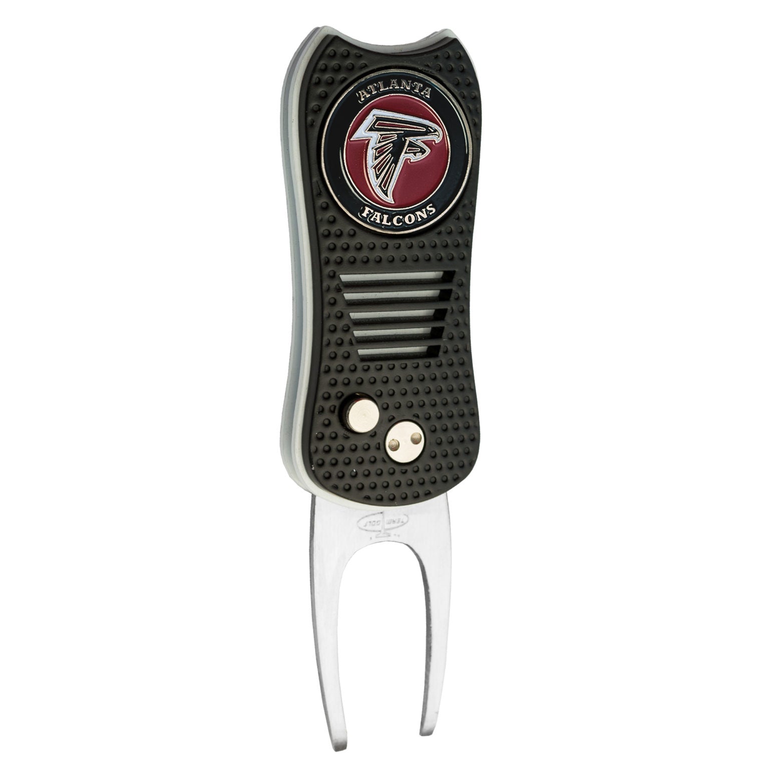 The NFL Switchfix Divot Tool with Ball Marker by NFL features a textured grip, circular Atlanta Falcons logo, two metal prongs, a magnetic ball marker, and a smooth switchblade mechanism for easy use.