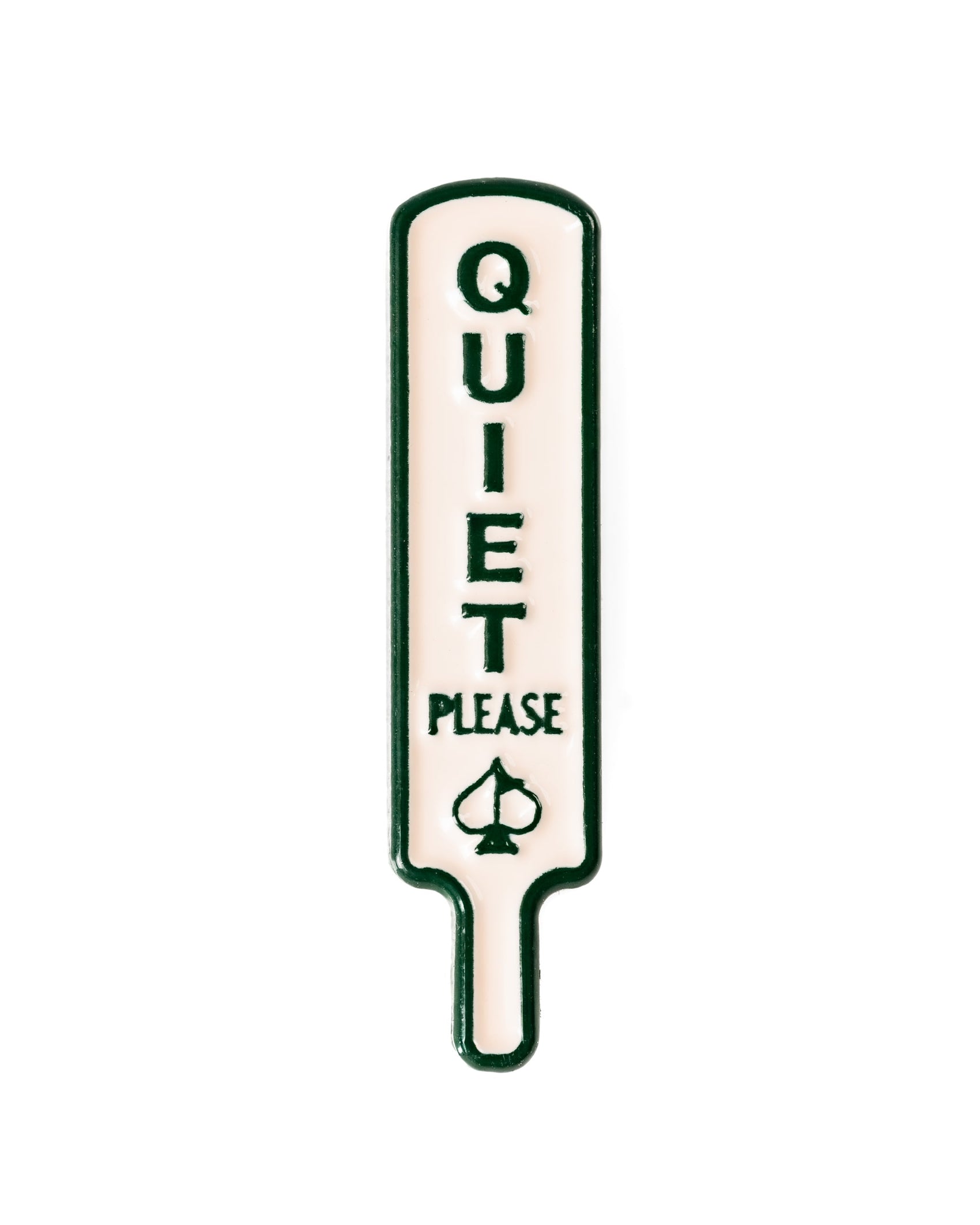 The Pins and Aces Quiet Please - Ball Marker is a white, paddle-shaped marker with green borders, vertical “QUIET PLEASE” text, a bell graphic at the bottom, and a magnetic backing for easy placement—adding premium style to your setting.