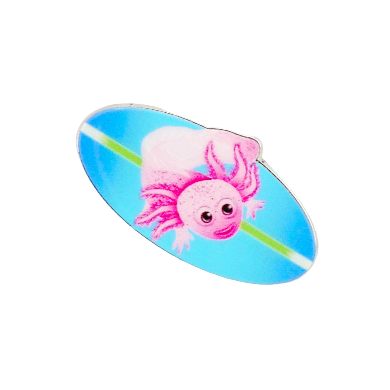 Logie Joe's Golf presents "Axolotl"—a cute pink cartoon axolotl riding a blue-green surfboard on a white pin. Perfect for anyone seeking unique and playful golf accessories or fun golf ball markers.