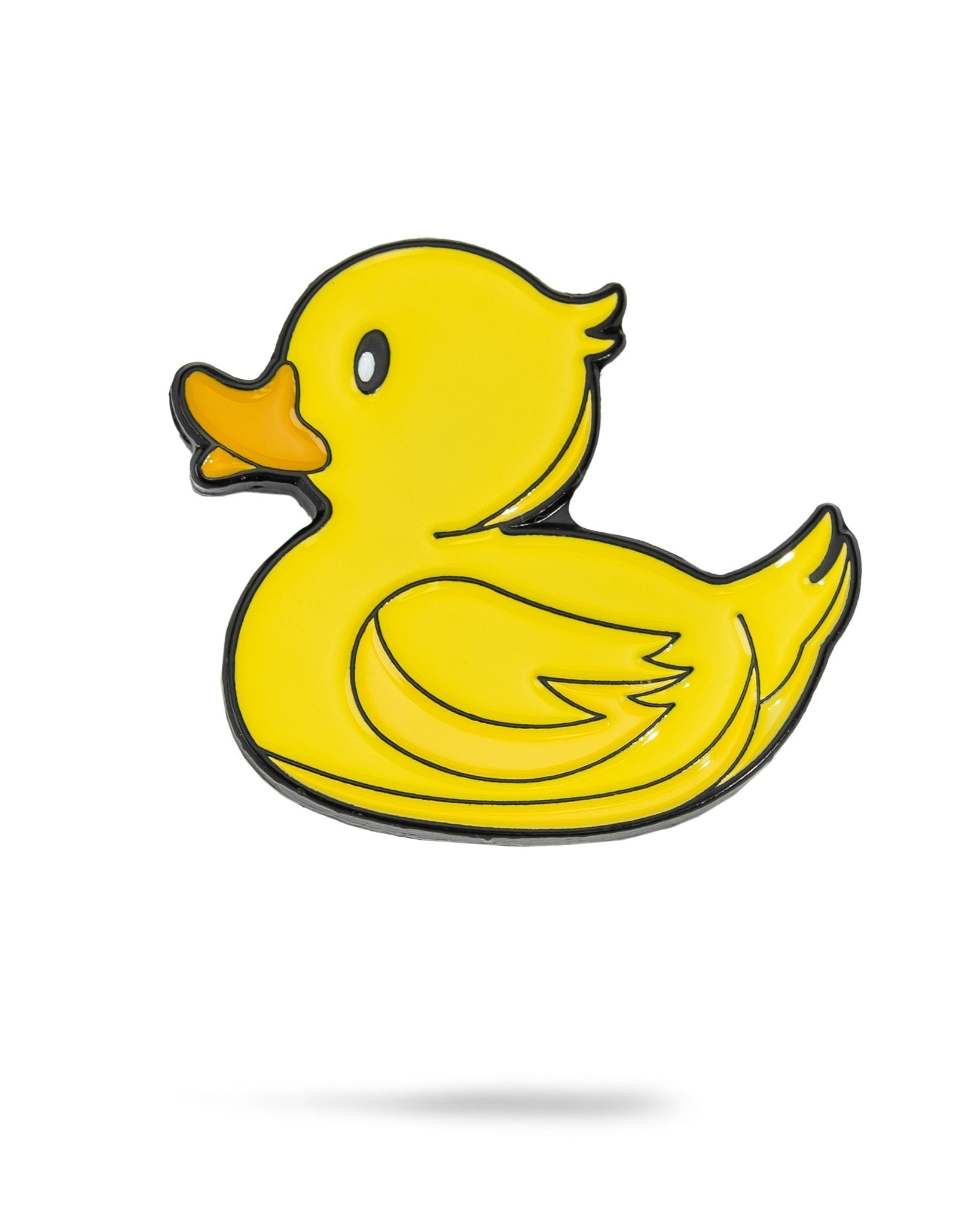 The Rubber Ducky Ball Marker by Pins and Aces features a cartoon-style yellow duck with an orange beak, outlined in black—perfect as a fun enamel golf ball marker on the course.