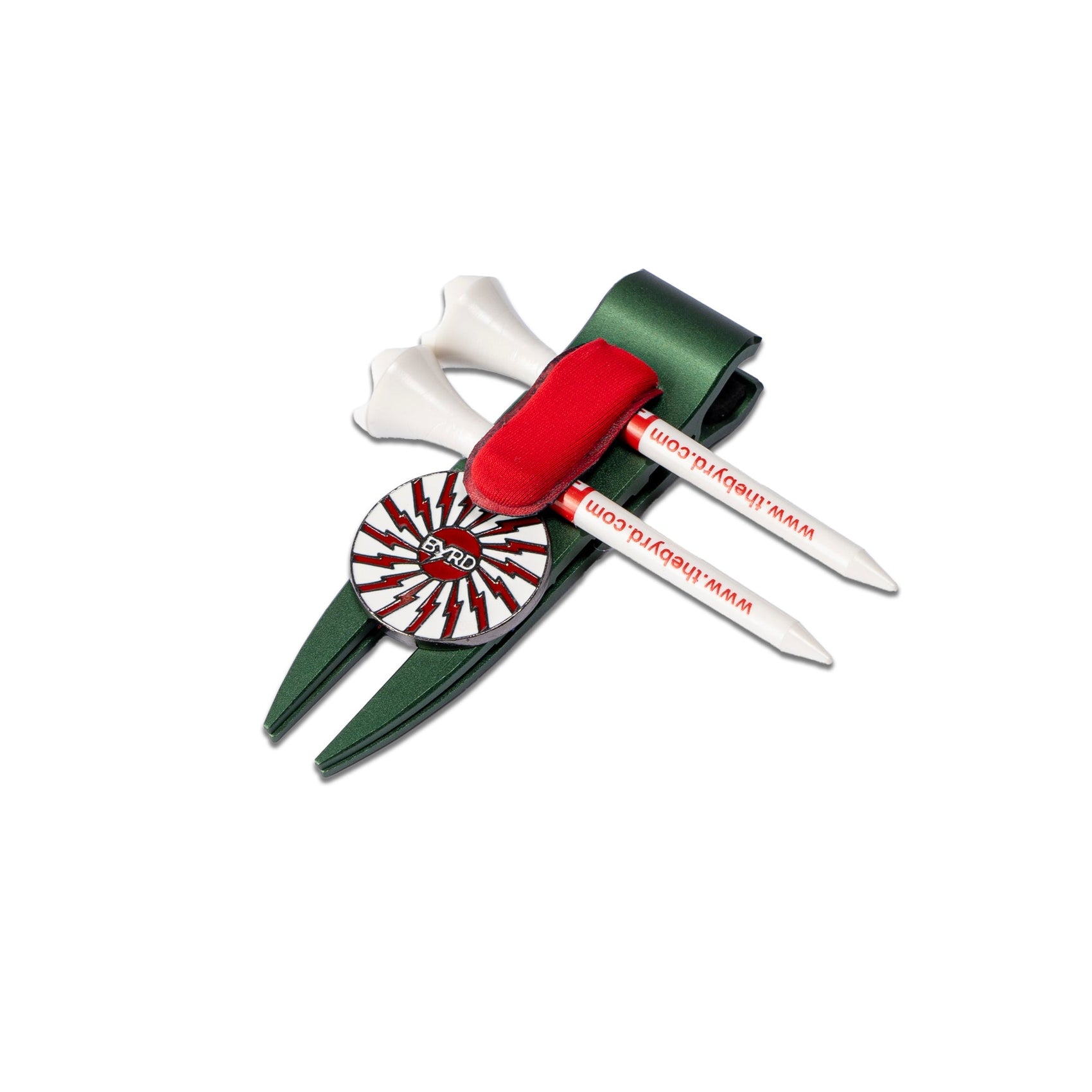 The Byrd, LLC’s THE BYRD GOLF DIVOT CLYP is a green divot repair tool with a circular red and white logo, a red clip, and two www.triplebogey.com white golf tees attached. Shown on a white background—organize your golf gear in style.