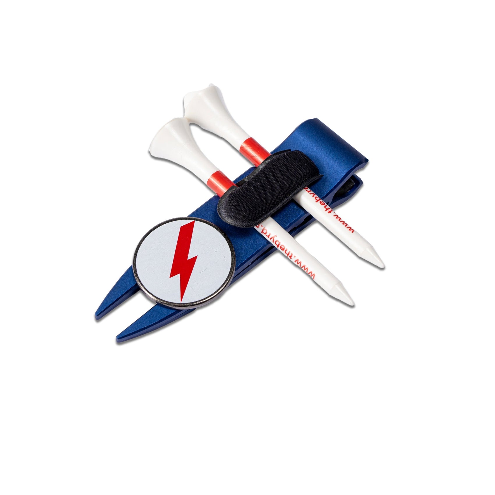 The Byrd, LLC's THE BYRD GOLF DIVOT CLYP multitool—featuring a blue divot tool with red lightning bolt marker, two white tees, and a black strap—organizes your golf gear in style. HOT ITEM—order now before it’s gone!.