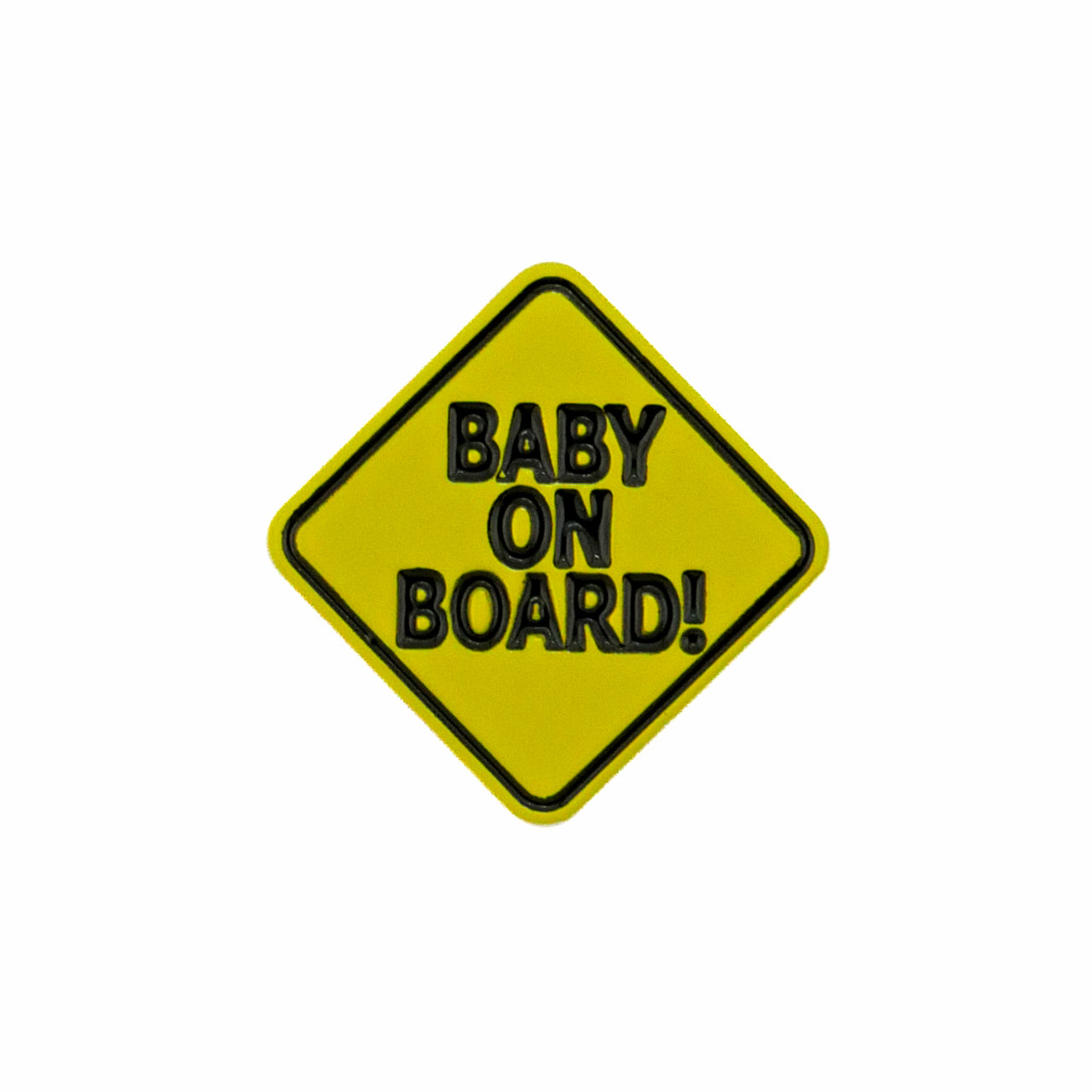 The Baby On Board golf ball marker by Ballmarkers.com features a yellow diamond shape with bold black text, ideal for collectors or those who love unique and funny golf accessories. Isolated on a white background.