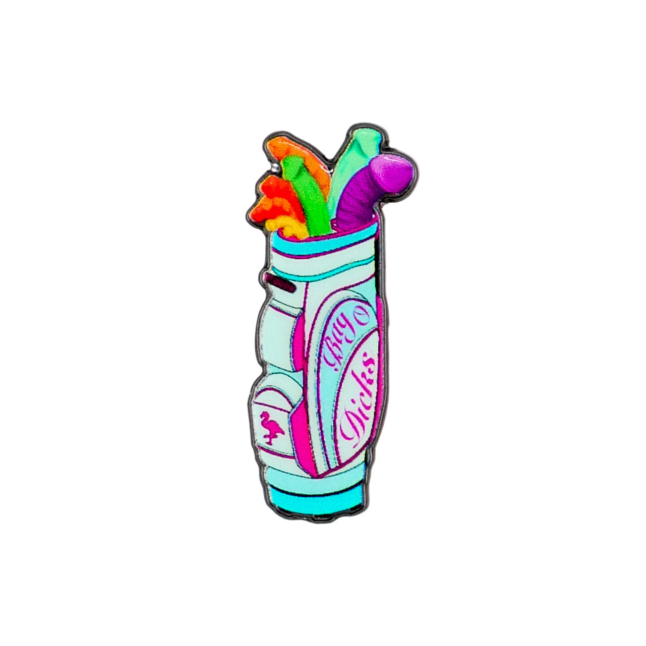 Bag-O-Dicks by Logie Joe's Golf is a colorful golf bag-shaped pin packed with cartoon dildos instead of clubs. A quirky, premium golf accessory for fans who love to stand out, featured on a crisp white background.