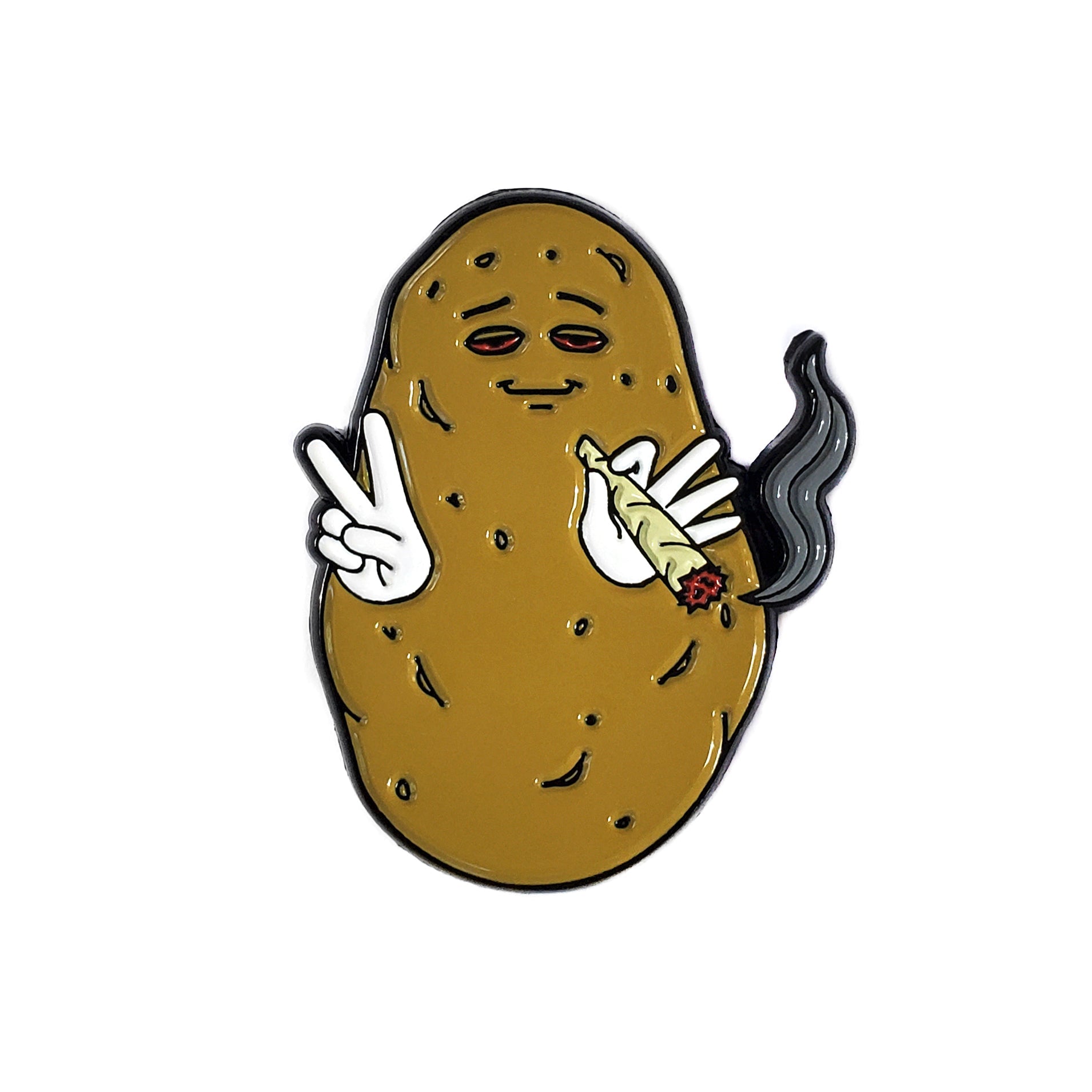 A cartoon potato with red eyes holds a lit joint in one hand and Kolorspun's Baked Potato Golf Ball Marker in the other, flashing a peace sign and looking relaxed.