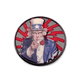 The Byrd, LLC’s BYRD BALL MARKERS - Merica features Uncle Sam in a blue jacket and star-topped hat with red lightning bolts on gray—a patriotic, round marker that's perfect for magnetic golf accessories.