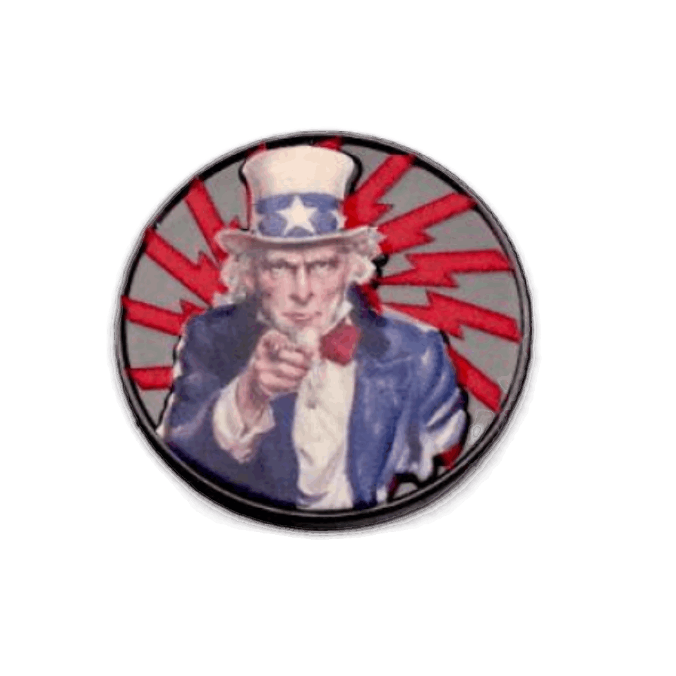 The Byrd, LLC’s BYRD BALL MARKERS - Merica features Uncle Sam in a blue jacket and star-topped hat with red lightning bolts on gray—a patriotic, round marker that's perfect for magnetic golf accessories.