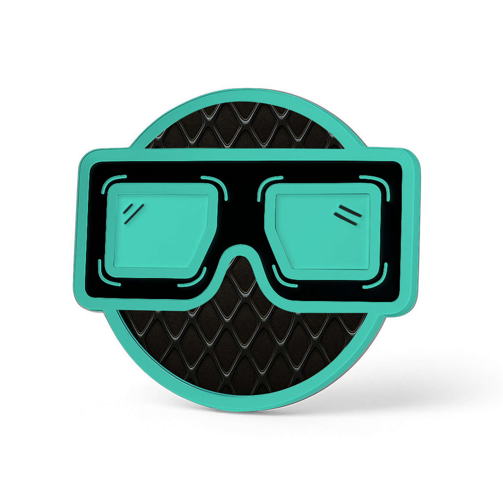 The BLURRD PREMIUM BALL MARKER by BLURRD displays a round teal-outlined icon with stylized goggles, resembling a magnetic golf ball marker, set against a black diamond-patterned background.
