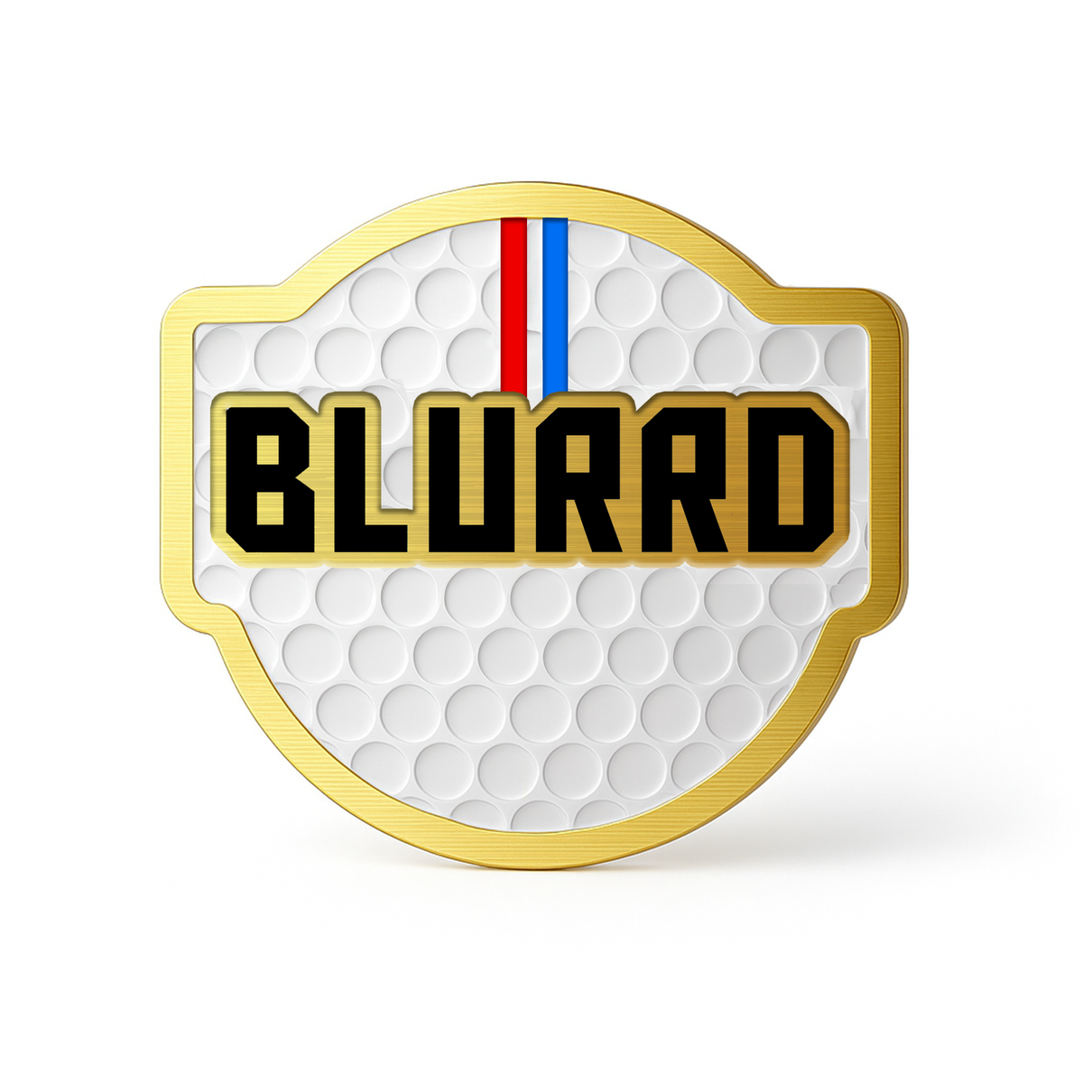 THE BLURRD PREMIUM BALL MARKER by BLURRD features a gold-bordered badge with a golf ball texture, bold black "BLURRD" text, and a vertical red, white, and blue stripe—perfect as a stylish golf accessory.