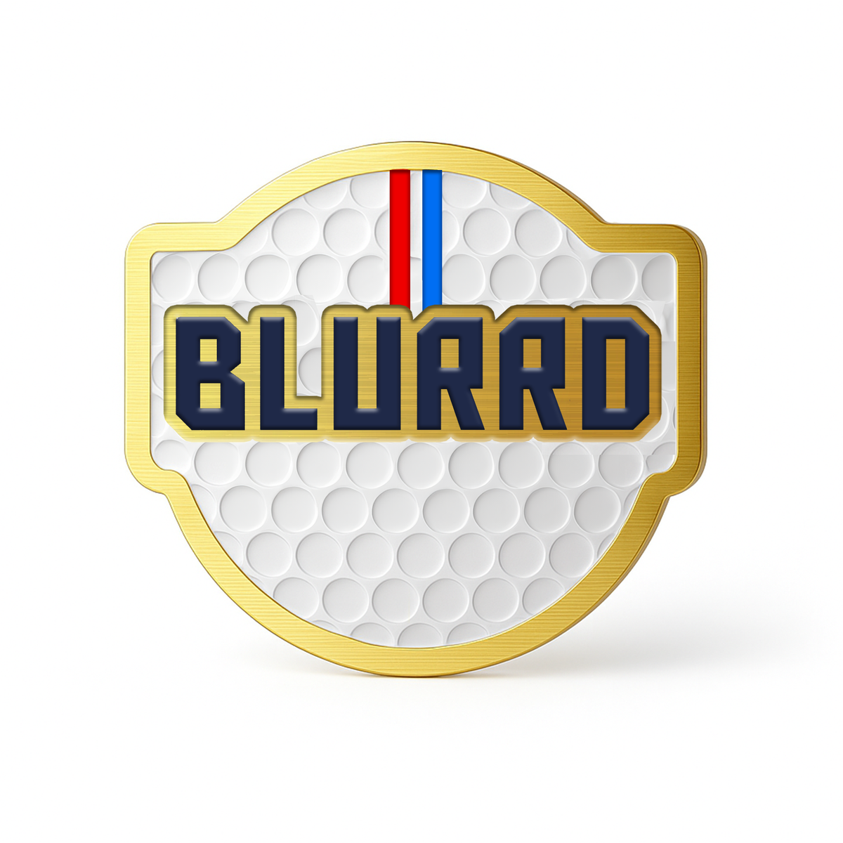 A gold and blue sign showcases THE BLURRD PREMIUM BALL MARKER by BLURRD, a sleek magnetic golf ball marker renowned for its premium design.