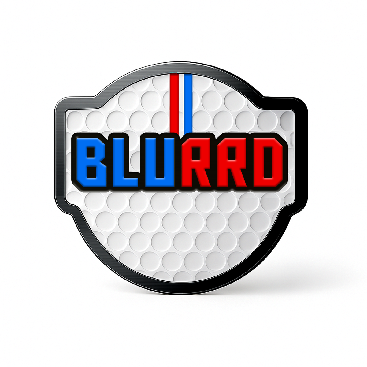 THE BLURRD PREMIUM BALL MARKER by BLURRD features a round, magnetic design with a golf ball texture, "BLU" in blue and "RRD" in red block letters, plus a red and blue vertical stripe—a stylish accessory for golfers.