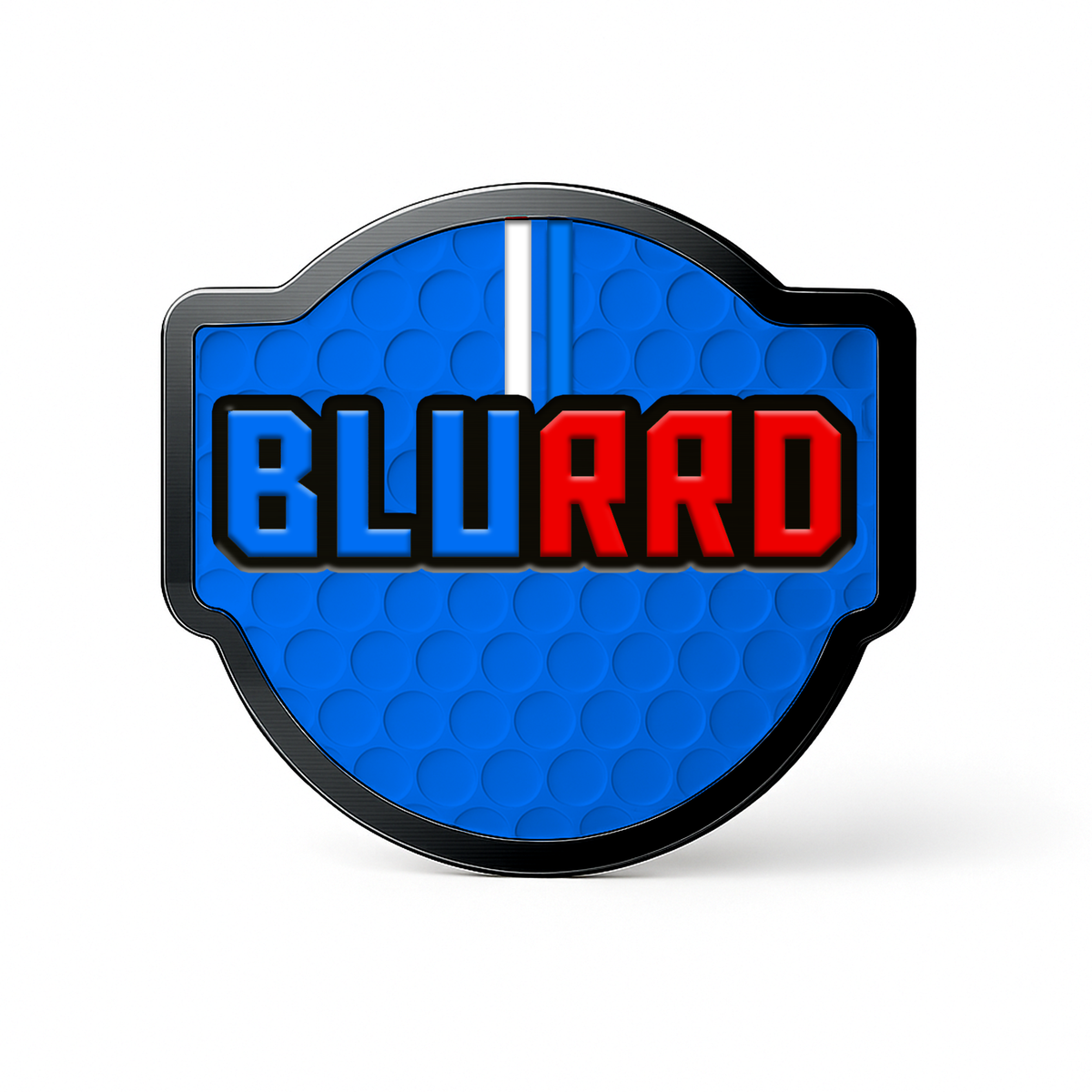 A blue, round-edged badge, THE BLURRD PREMIUM BALL MARKER by BLURRD, features "BLU" in blue and white and "RRD" in red block letters on a textured dot pattern with a vertical white stripe.