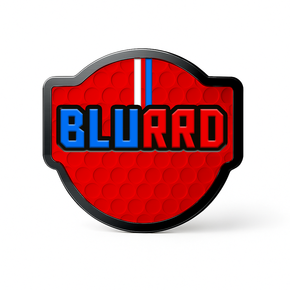 THE BLURRD PREMIUM BALL MARKER by BLURRD features a red, dimpled design with bold blue and red branding, accented by a vertical blue and white stripe. This premium golf accessory also serves as a magnetic ball marker.