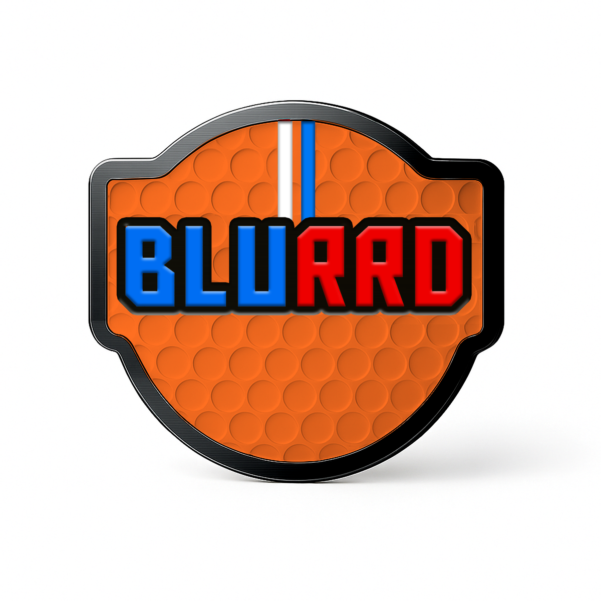 THE BLURRD PREMIUM BALL MARKER by BLURRD features a badge-shaped logo with an orange, textured basketball background, bold blue, white, and red text, and a vertical blue and white stripe—ideal as a magnetic golf ball marker accessory.