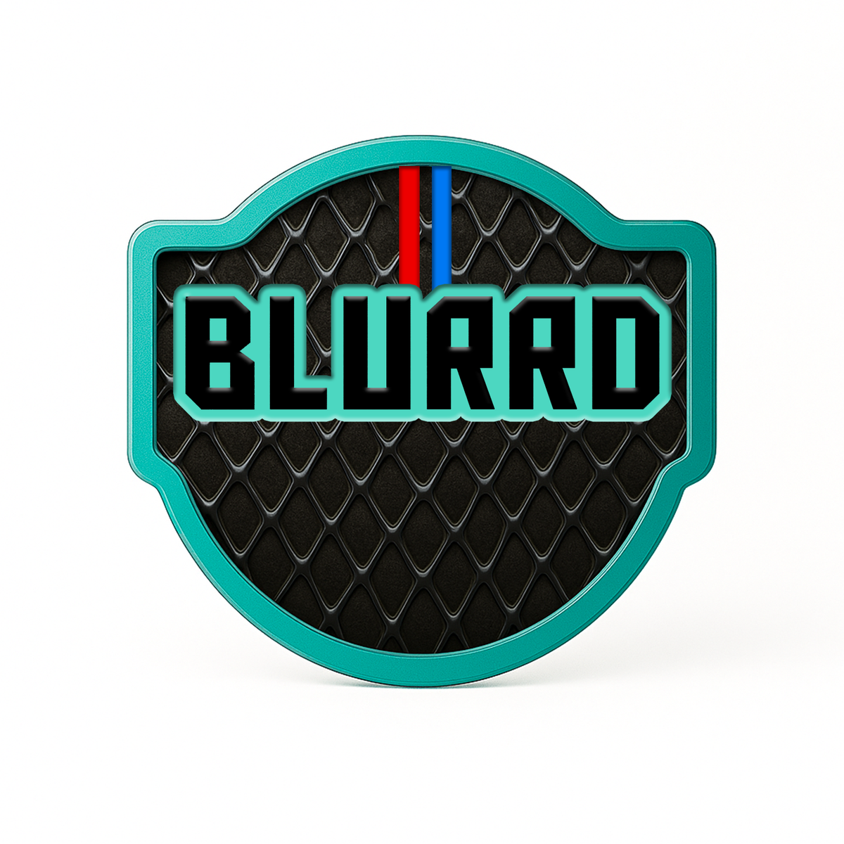 A badge with a teal border features “THE BLURRD PREMIUM BALL MARKER” in bold, teal letters on a black, diamond-patterned background. A small red and blue stripe tops the text, making this BLURRD accessory a magnetic golf ball marker standout.