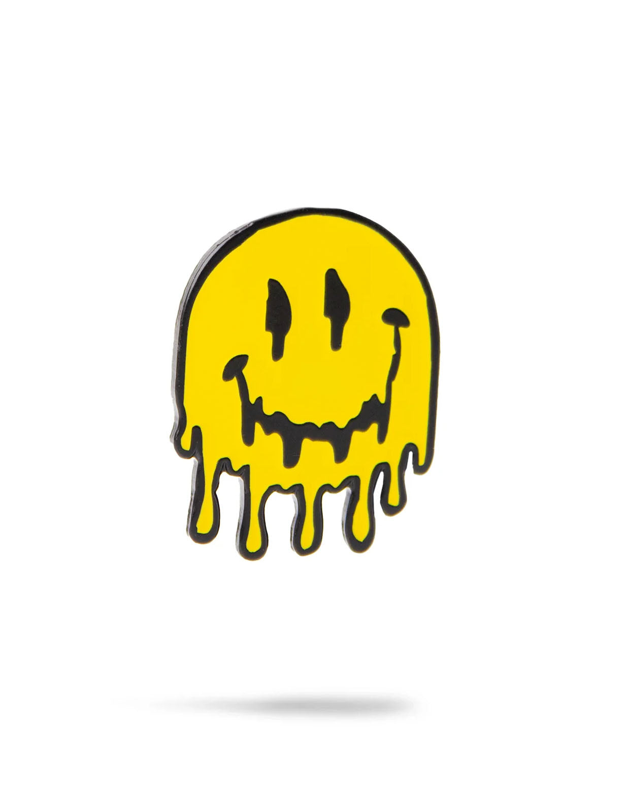 The Pins and Aces Melting Face Ball Marker features a melting yellow smiley with black eyes and mouth on white, complete with drips—perfect for adding unique style to your game thanks to its stainless steel magnetic surface.