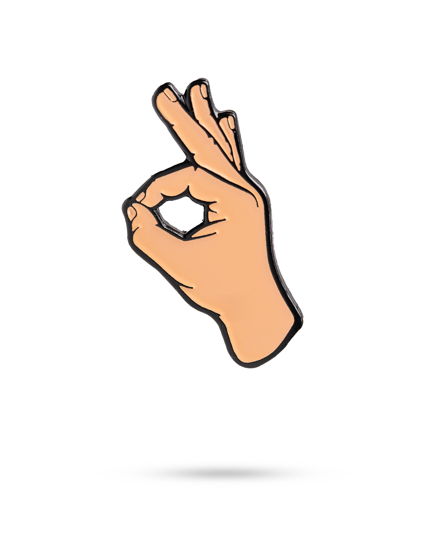 A hand makes an OK gesture, perfectly showcasing the Pins and Aces OK Hand Ball Marker, a premium golf accessory, against a white background.