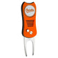 The MLB Switchfix Divot Tool with Ball Marker features an orange handle, Baltimore Orioles logo on top, textured grip, silver forked end, two metal buttons, and a magnetic ball marker.