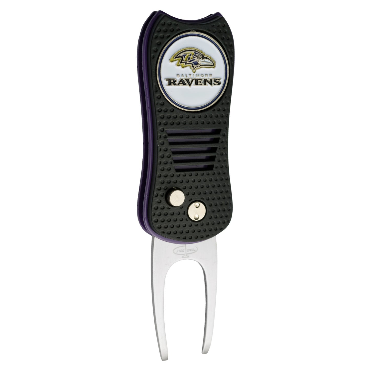 The NFL Switchfix Divot Tool with Ball Marker by NFL features a black textured grip, Baltimore Ravens logo, switchblade design with two metal prongs, dual handle buttons, and a magnetic ball marker.