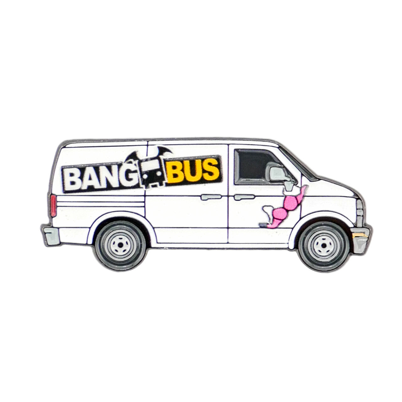 A cartoon-style illustration of Logie Joe's Golf "Bang Bus" white van, with a pink figure clinging to the door—a must-have premium ball marker for golf fans and collectors.