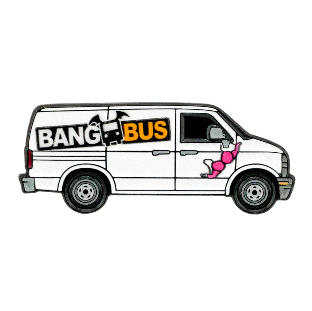 A playful ball marker from Logie Joe’s Golf: a cartoon white van labeled Bang Bus, featuring a pink bra on the mirror and quirky details—introducing the Bang Bus Ball Marker.