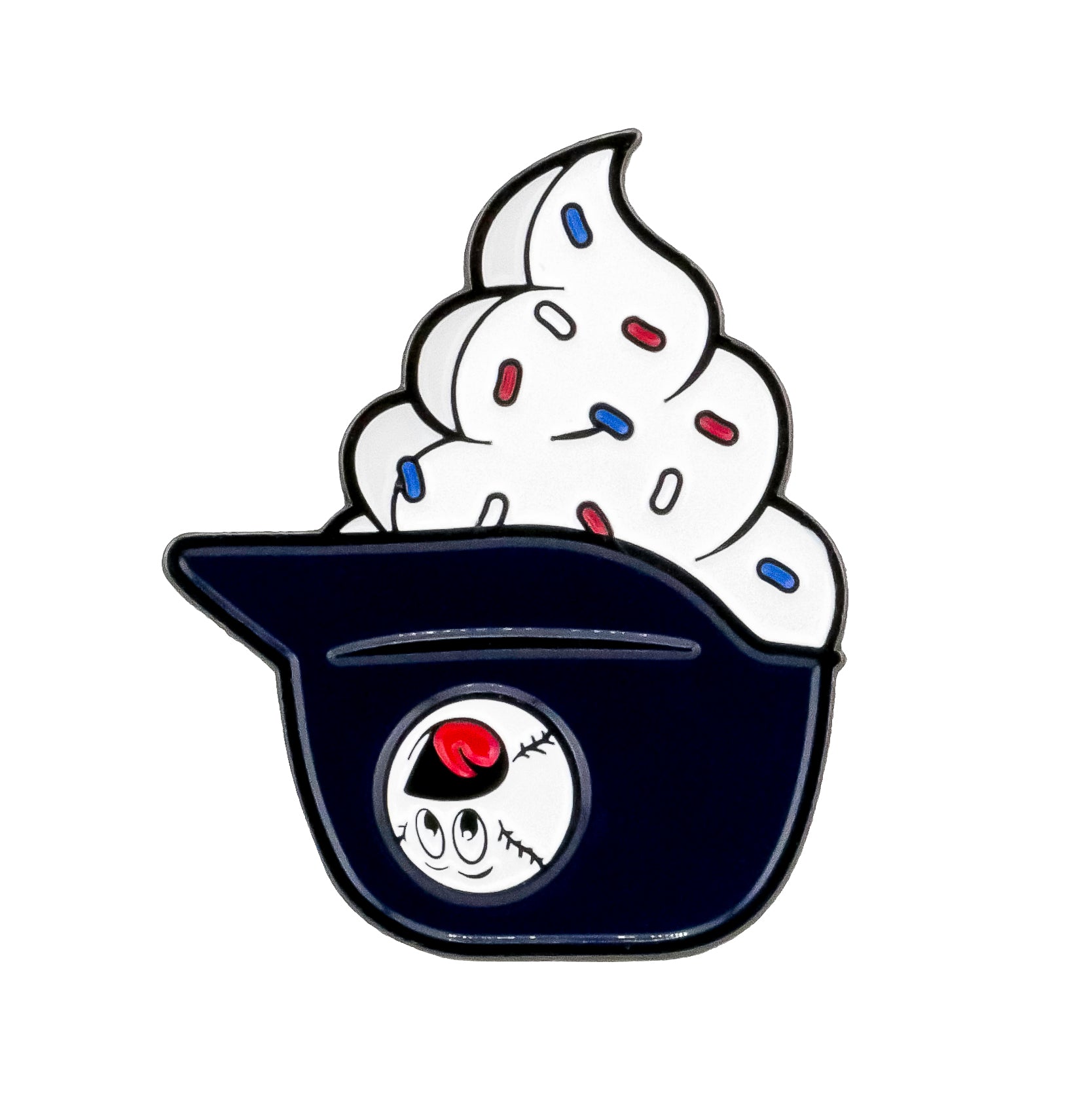 Introducing the Baseball Helmet Ice Cream Ball Marker by Ballmarkers.com—a whimsical enamel pin featuring a cartoon-style vanilla soft serve ice cream with sprinkles, served in a navy blue baseball helmet-shaped bowl. Adorned with a playful golf ball marker styled as an eye-catching baseball character sporting a red cap on the front, this fun accessory adds sporty charm to your game and is perfect for fans of novelty golf gear.