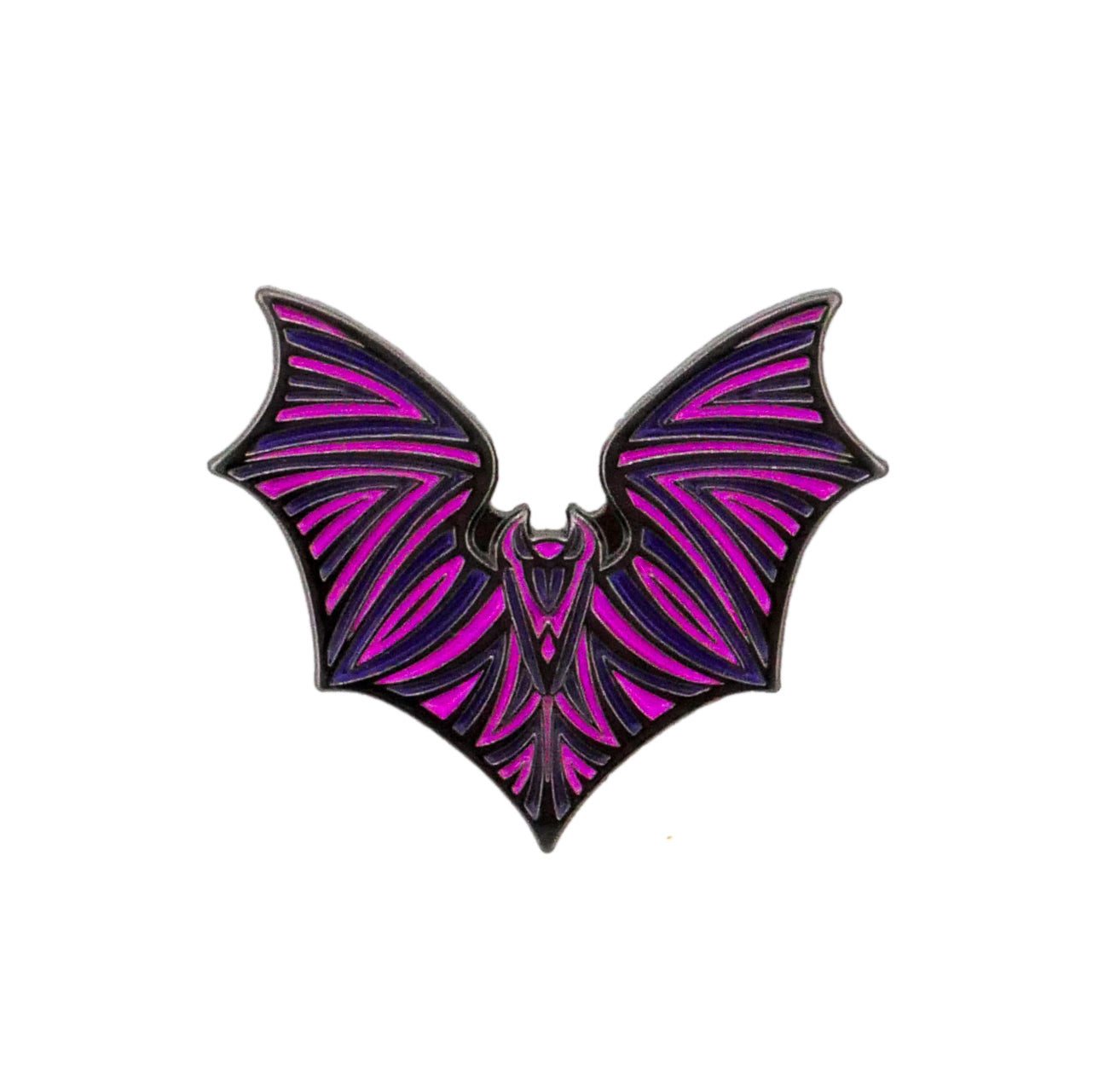 The Bat Ball Marker by Ballmarkers.com features a stylized bat with outstretched wings, bold black outlines, and vibrant iridescent purple accents on the wings and body.