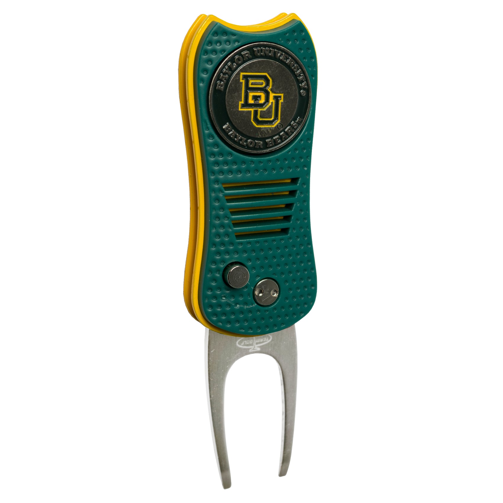 The ACC College Switchfix Divot Tool with Ball Marker by Switchfix features a green and yellow design, textured grip, metal prongs, magnetic ball marker, and Baylor University logo on a circular emblem at the top.