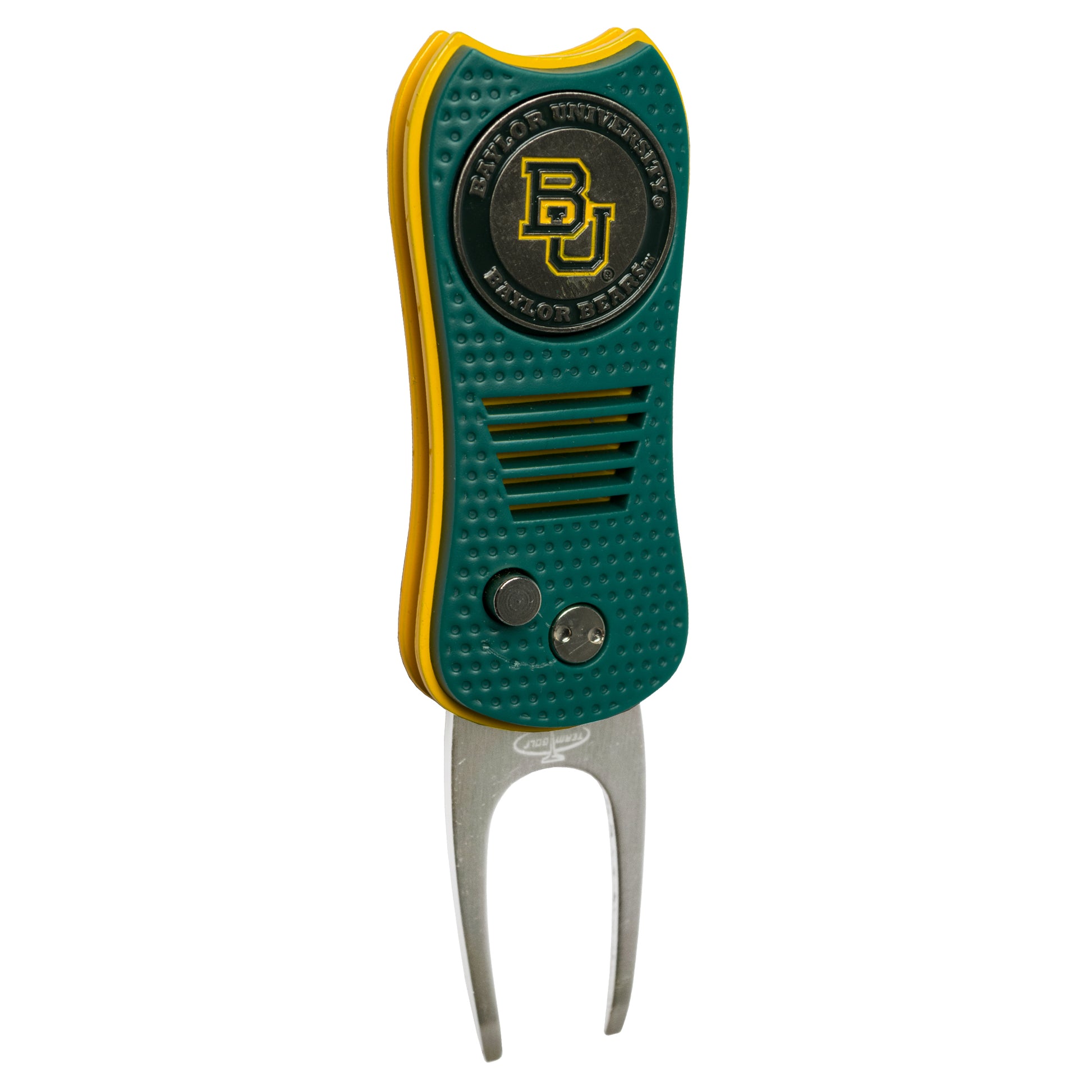 The ACC College Switchfix Divot Tool with Ball Marker by Switchfix features a green and yellow design, textured grip, metal prongs, magnetic ball marker, and Baylor University logo on a circular emblem at the top.