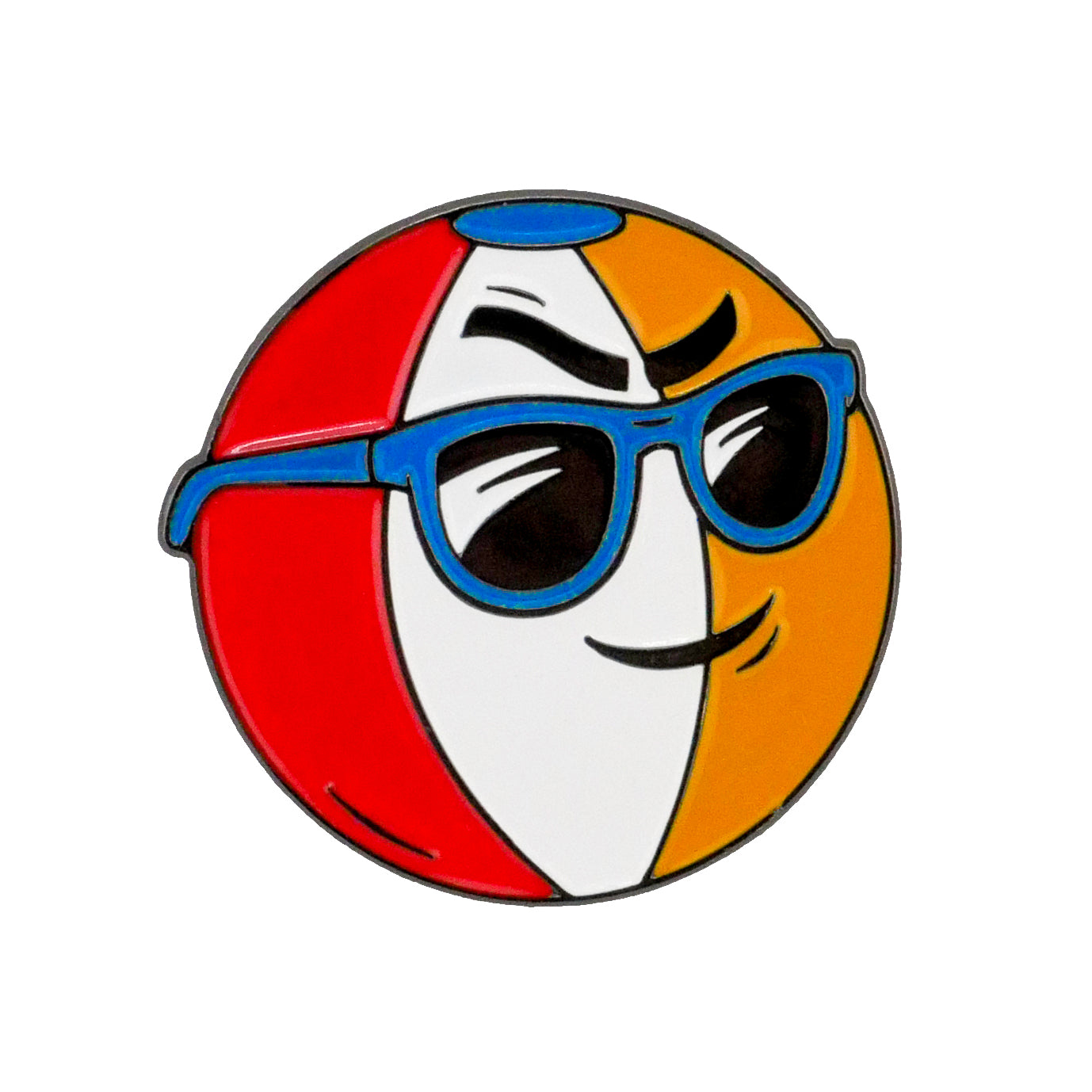 The Beach Ball Ball Marker from Ballmarkers.com features red, white, and yellow panels with blue sunglasses and a mischievous grin—an ideal summer golf accessory for marking your ball with fun style.
