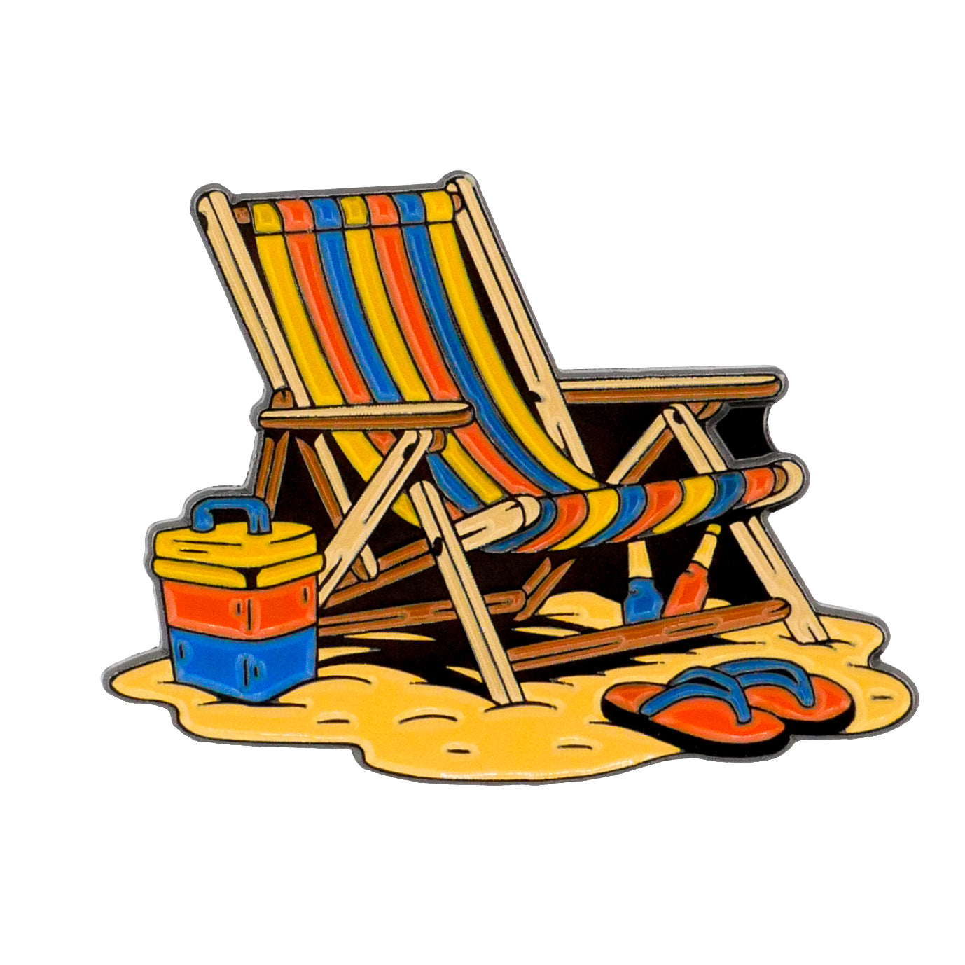 A vibrant striped beach chair sits on sand with flip-flops, a mini cooler, and the Ballmarkers.com Beach Chair Ball Marker nearby, creating a relaxing beach vibe.