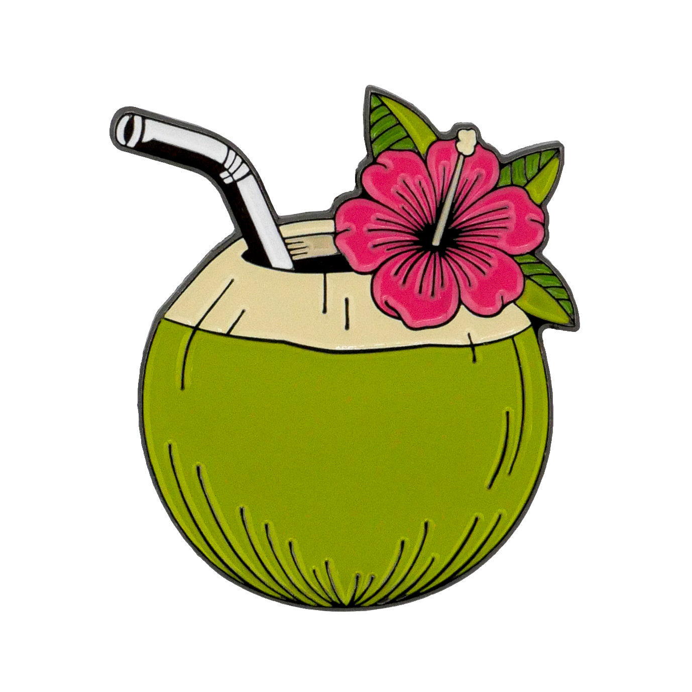 The Coconut Cocktail Ball Marker by Ballmarkers.com features a green coconut with a straw, topped with a pink hibiscus and green leaves—an ideal tropical golf accessory for beach-themed collections.