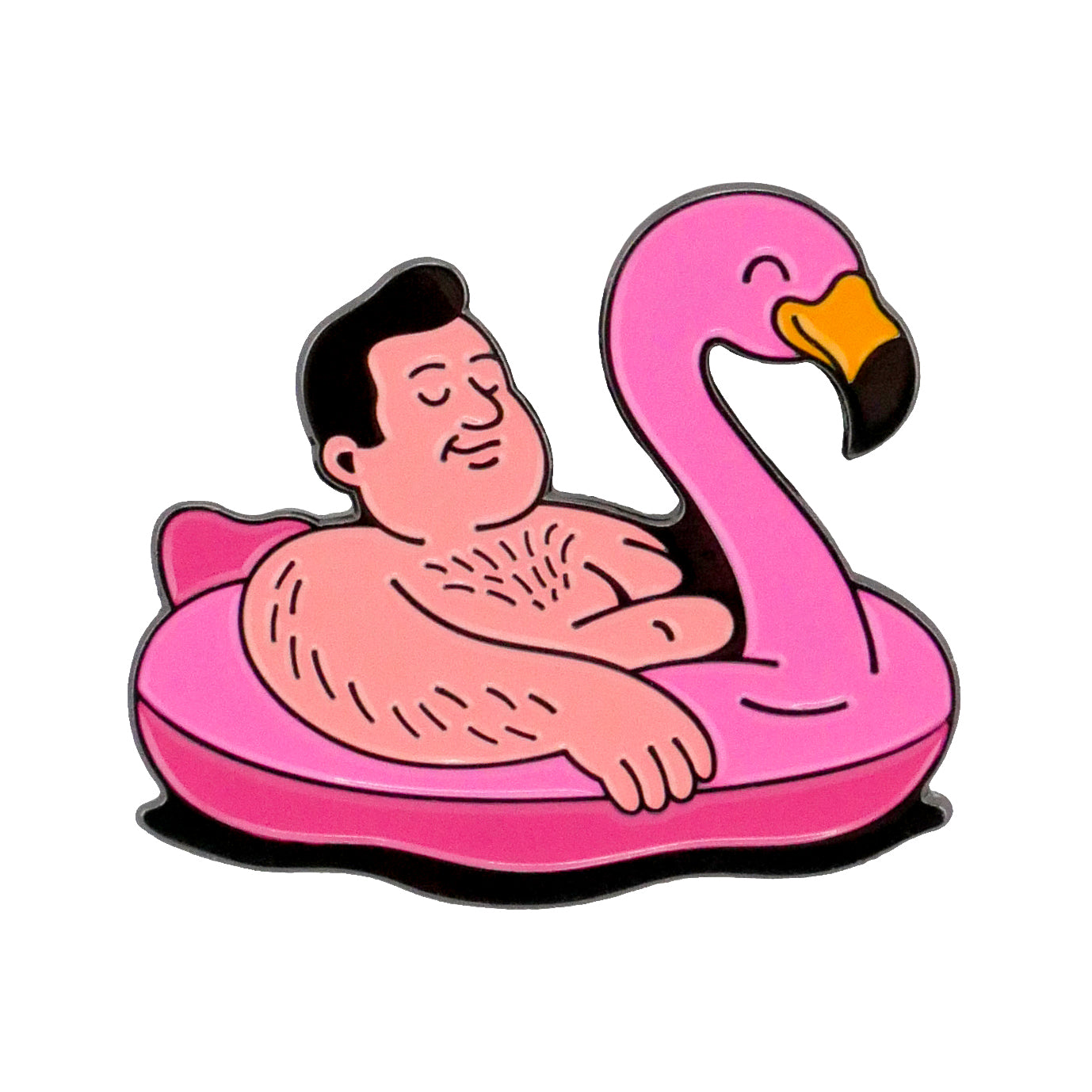 Cartoon of a relaxed man with short dark hair lounging in a pink flamingo float, smiling—captures the playful vibe of Ballmarkers.com’s Flamingo Floatie Ball Marker, a perfect poolside golf accessory for the beach party collection.