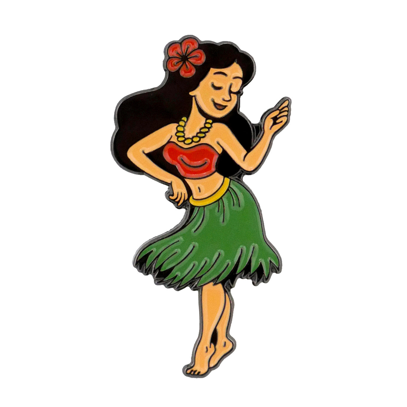 Illustration of a smiling woman with long dark hair, red flower, red top, green grass skirt, and yellow necklace—full of tropical energy. The perfect Hula Girl Ball Marker by Ballmarkers.com for your beach party collection!.