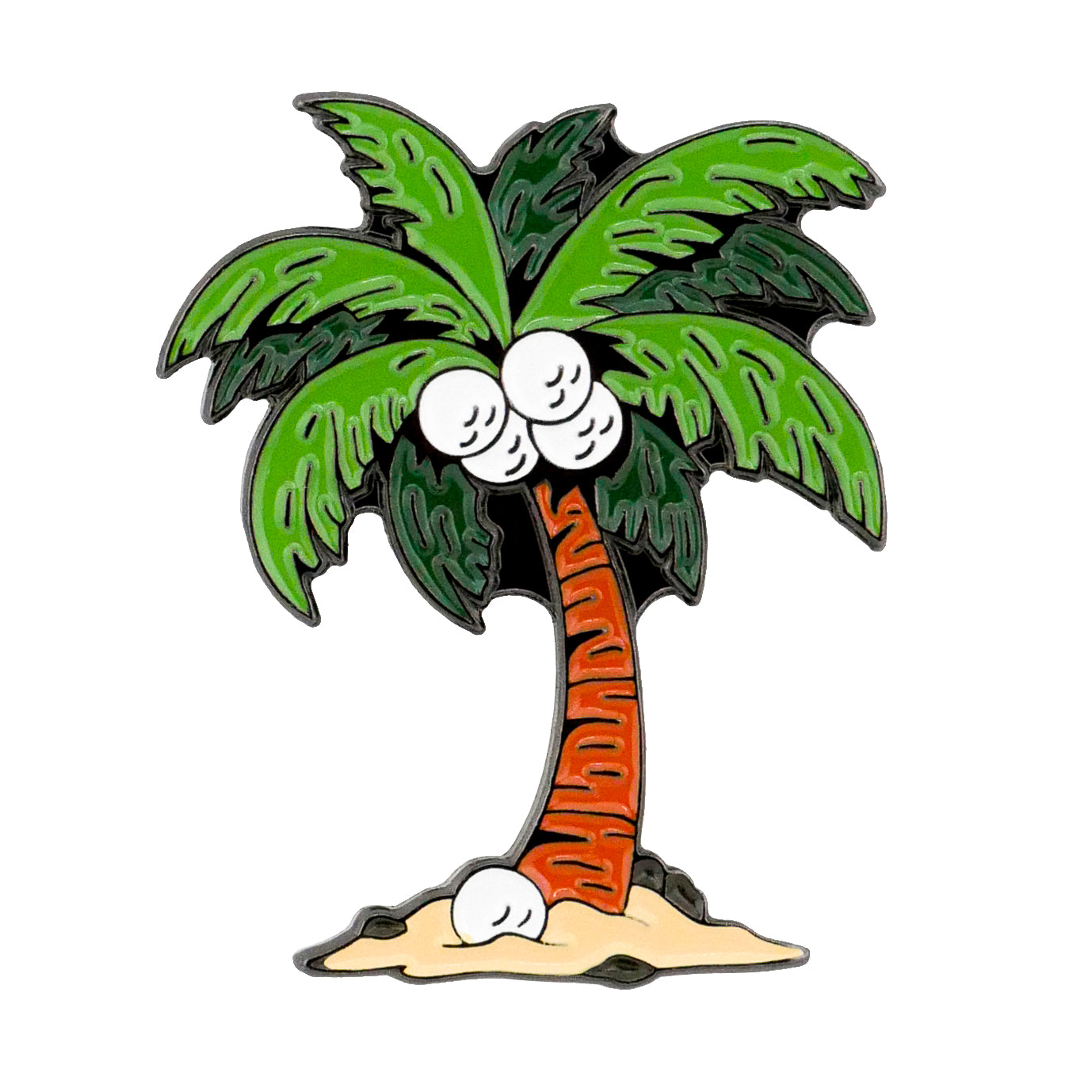 A cartoon-style palm tree with a brown trunk, green leaves, and three coconuts stands on a small sandy patch—a design from the Par-adise Palms Ball Marker by Ballmarkers.com.