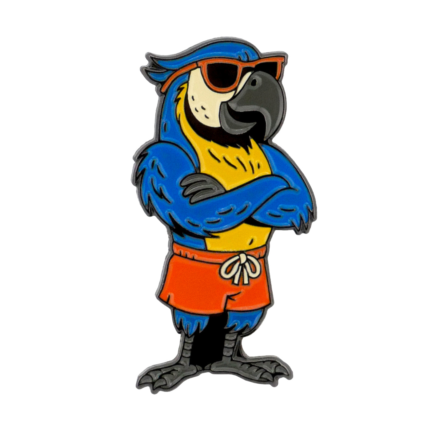 The Parrot Patrol Ball Marker from Ballmarkers.com features a cool blue and yellow cartoon parrot in orange swim trunks and sunglasses—perfect for adding fun, beach party vibes to your golf game.