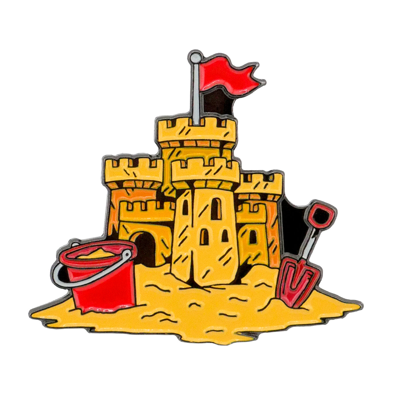 The Ballmarkers.com Sand Castle Ball Marker features a yellow sandcastle with windows, red flag, and sand piles, plus a red bucket and shovel—combining beach party charm with unique golf accessory style.