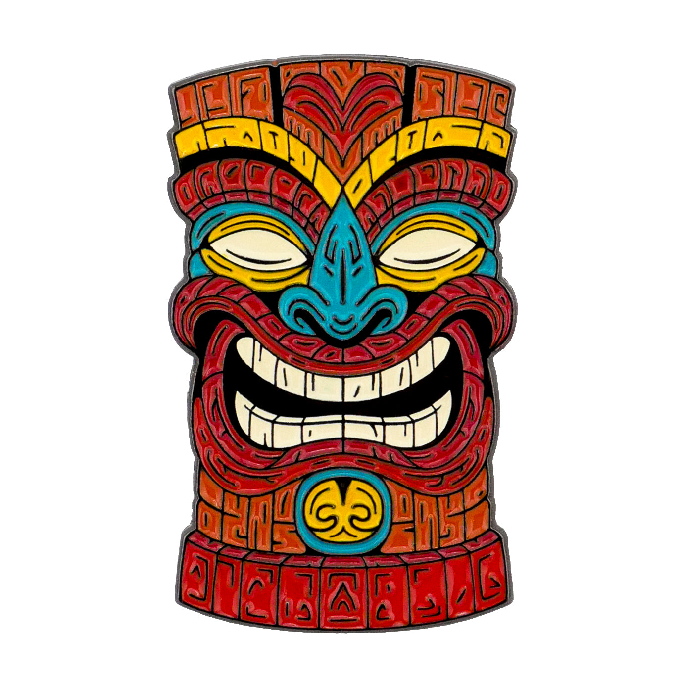 The Tiki Totem Ball Marker by Ballmarkers.com features a vibrant design with bold red, yellow, blue, and turquoise patterns, grinning white teeth, closed eyes, and geometric details inspired by classic tiki pole carvings.