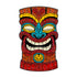 The Tiki Totem Ball Marker by Ballmarkers.com features a vibrant design with bold red, yellow, blue, and turquoise patterns, grinning white teeth, closed eyes, and geometric details inspired by classic tiki pole carvings.