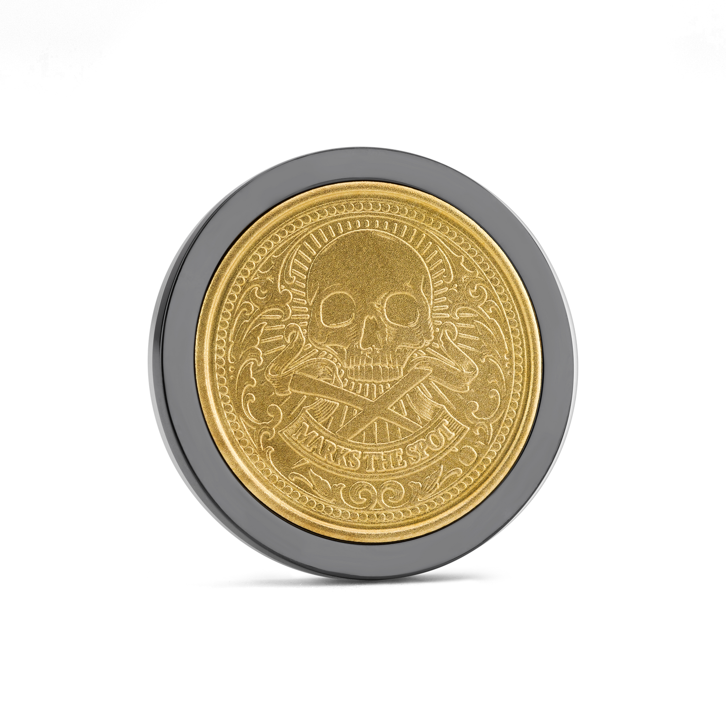 The Omen II by Doubloon is a gold coin inspired by pirate treasure, featuring a central skull and crossbones, ornate patterns, and "MARKS THE SPOT" engraved along the bottom on a white background.