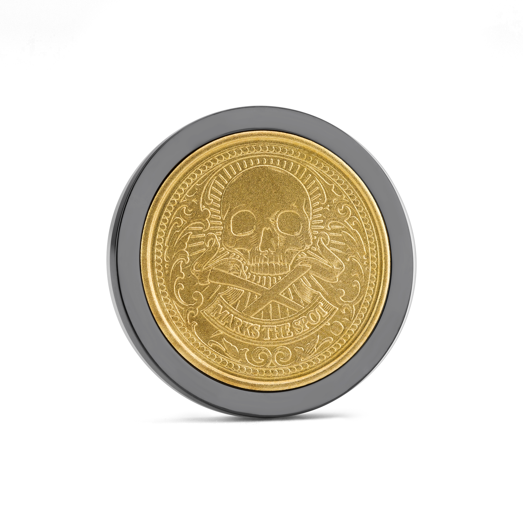 The Omen II by Doubloon is a gold coin inspired by pirate treasure, featuring a central skull and crossbones, ornate patterns, and "MARKS THE SPOT" engraved along the bottom on a white background.