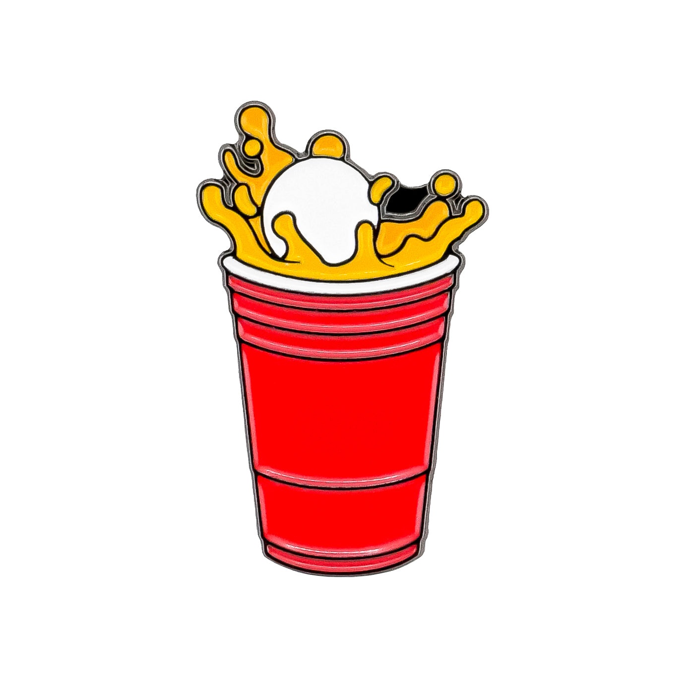 The Red Cup Beer Pong Ball Marker by Ballmarkers.com features a red plastic cup with yellow liquid splashing out and a white ping pong ball inside—perfect as a fun golf accessory or unique party cup golf marker for your next game.