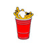 The Red Cup Beer Pong Ball Marker by Ballmarkers.com features a red plastic cup with yellow liquid splashing out and a white ping pong ball inside—perfect as a fun golf accessory or unique party cup golf marker for your next game.