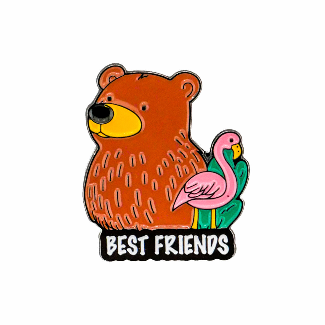 A cartoon brown bear and pink flamingo stand side by side above "BEST FRIENDS" in bold white letters on black—a fun golf ball marker design from Logie Joe's Golf, perfect for fans of premium accessories. Product: Best Friends.