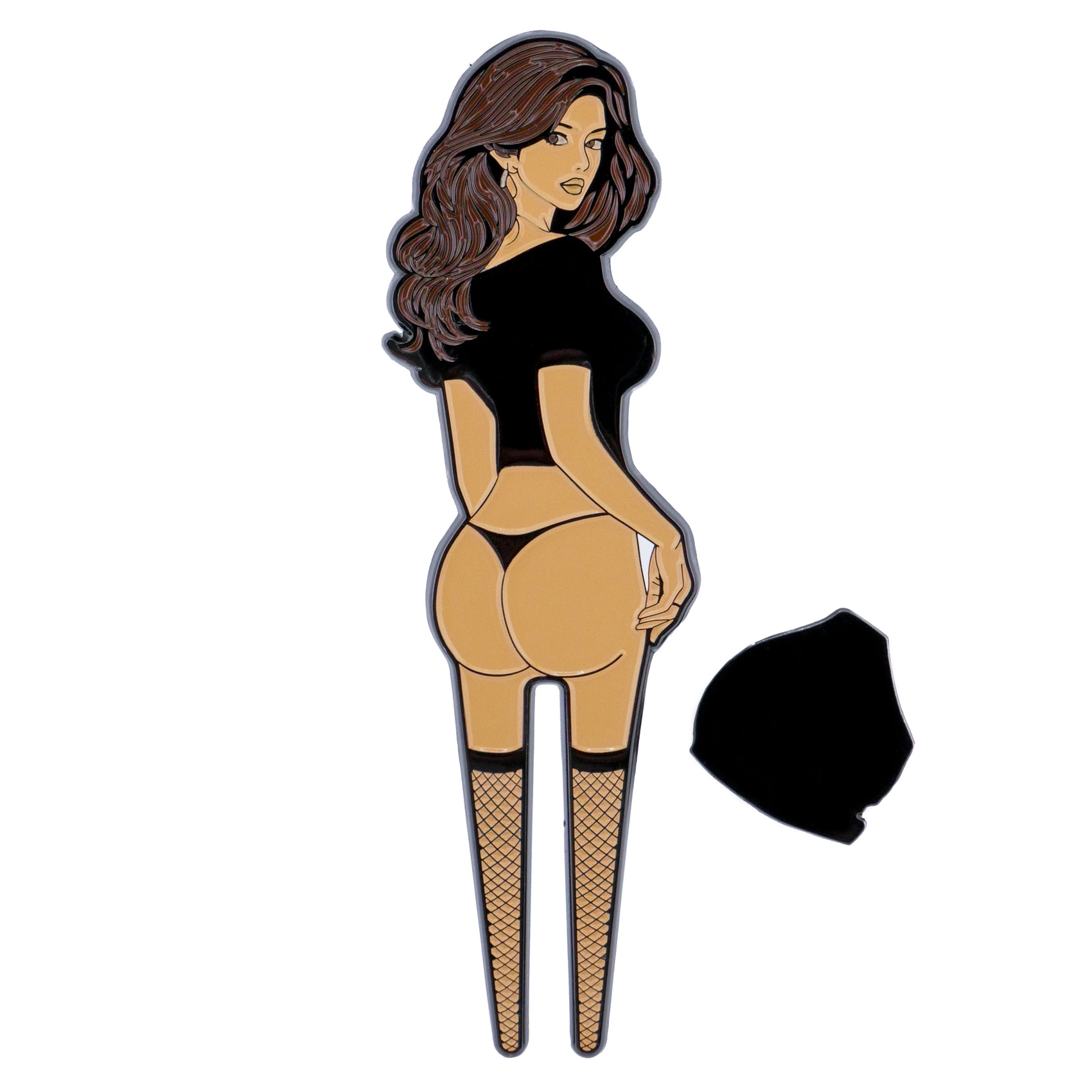 Illustration of a woman with long brown hair in a black crop top, thong, fishnet stockings, and hoop earrings, shown from the back. On the ground is Logie Joe's Golf’s Big Booty Judy Divot Tool with funny golf accessories.