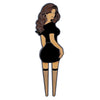 Illustration of a woman with long brown hair in a short black dress and thigh-high fishnet stockings, holding Logie Joe's Golf Big Booty Judy Divot Tool with removable ball marker for a fun, playful twist.