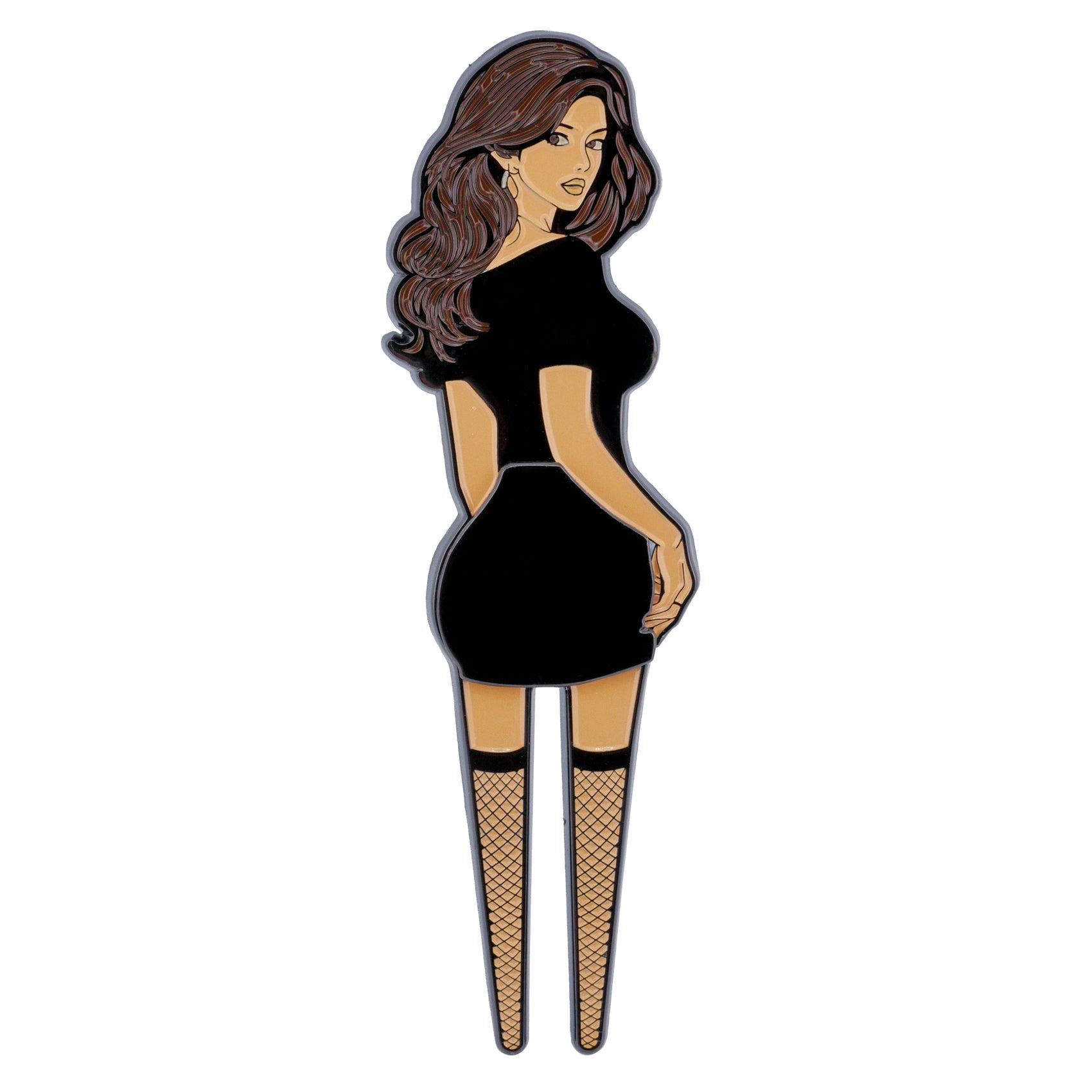 Illustration of a woman with long brown hair in a short black dress and thigh-high fishnet stockings, holding Logie Joe's Golf Big Booty Judy Divot Tool with removable ball marker for a fun, playful twist.